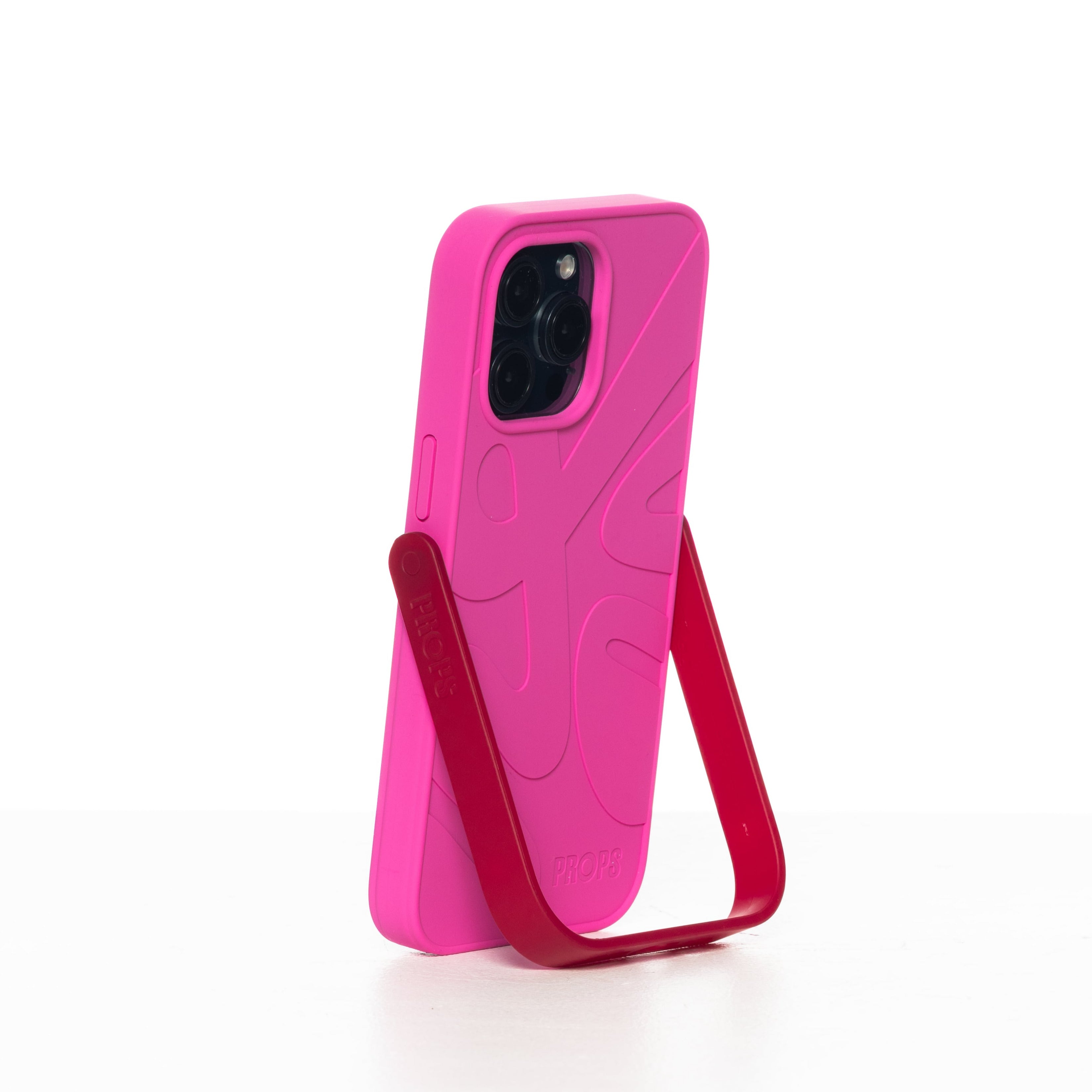 Pink phone case with stand on a white background