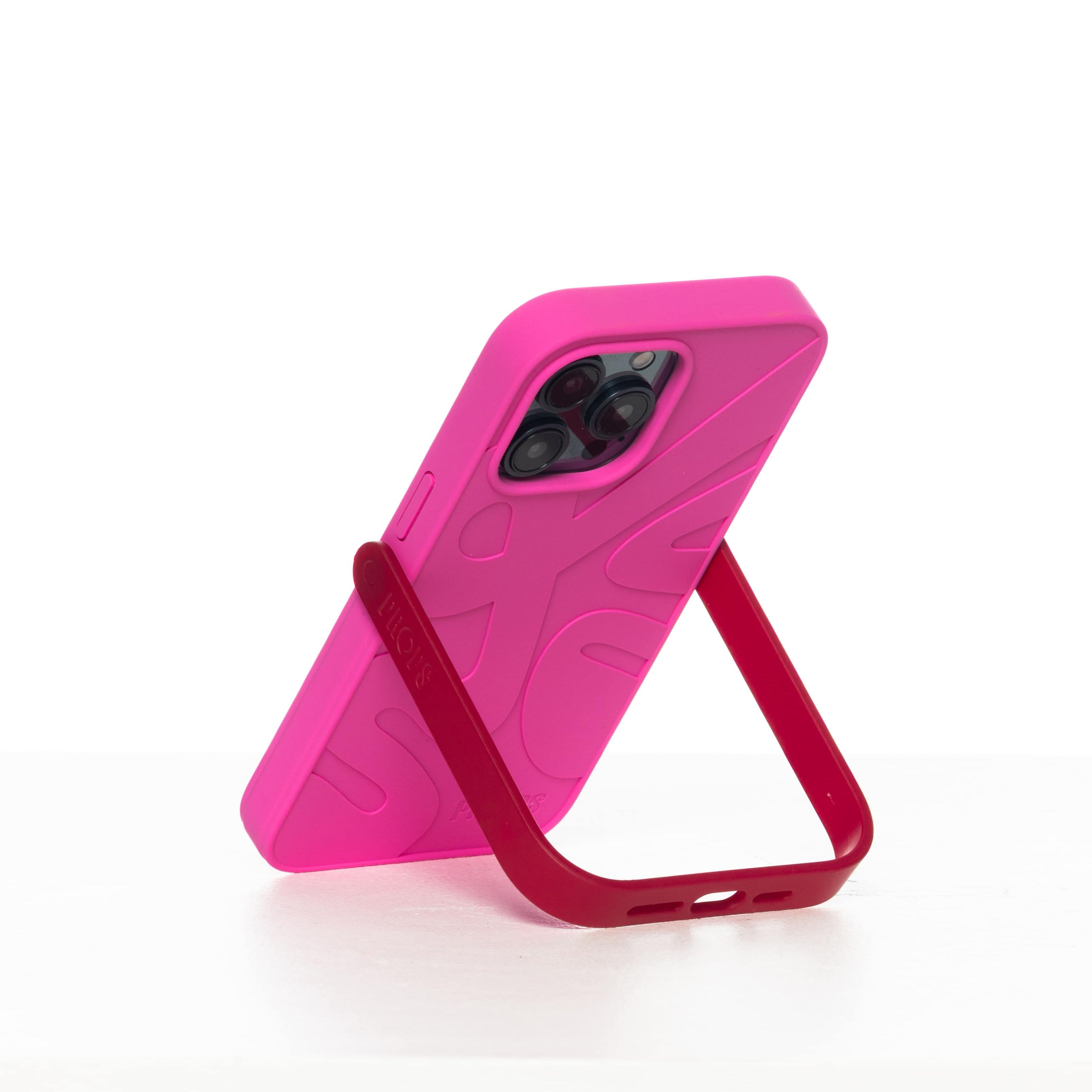 Pink phone case with stand on a white background