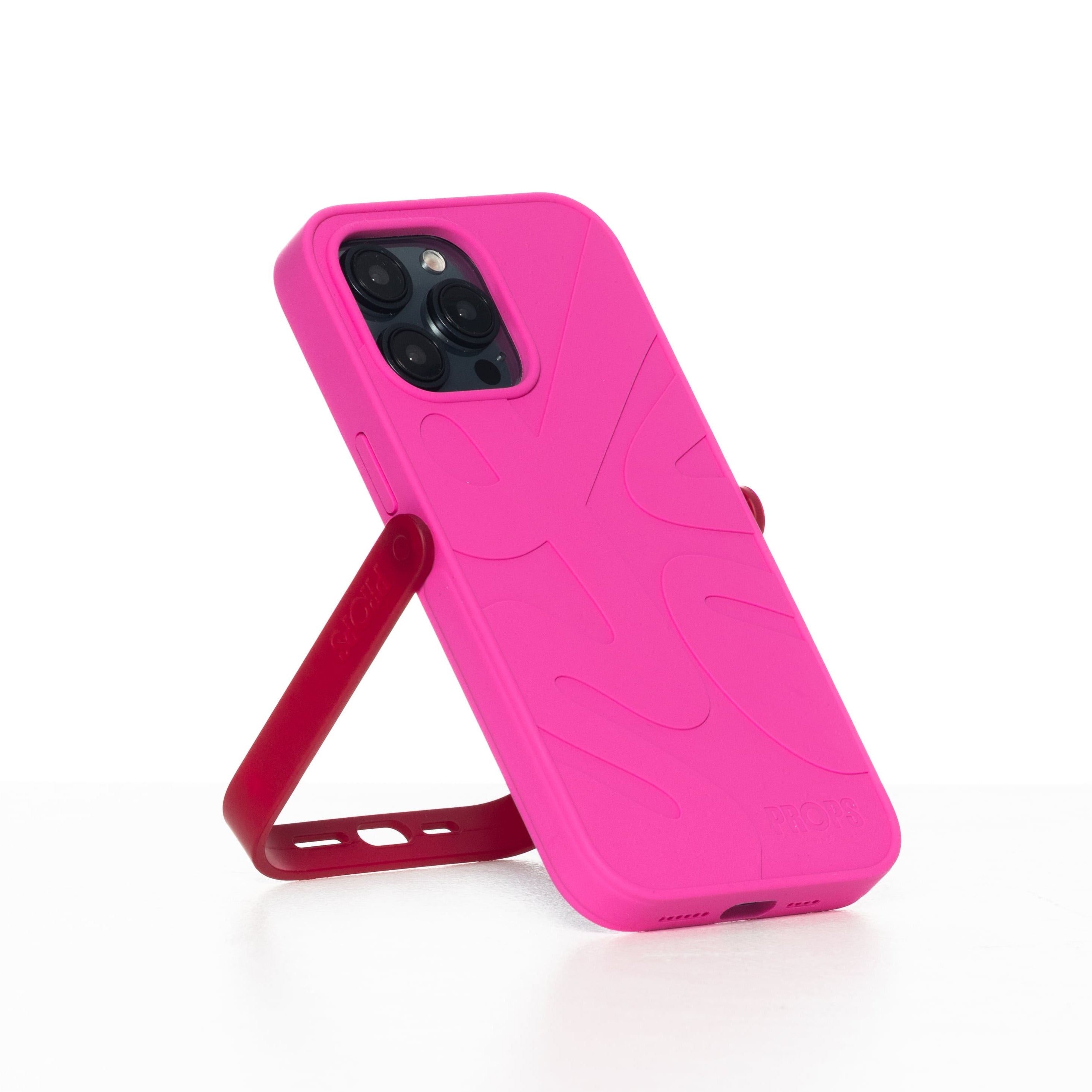 Pink phone case with stand on a white background