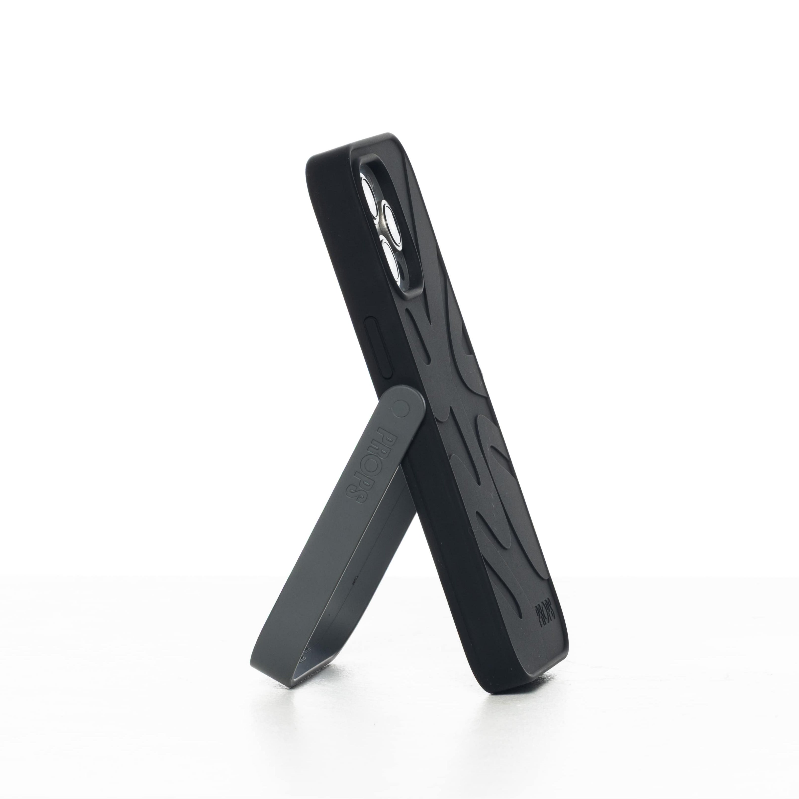 Black phone case with stand on a white background