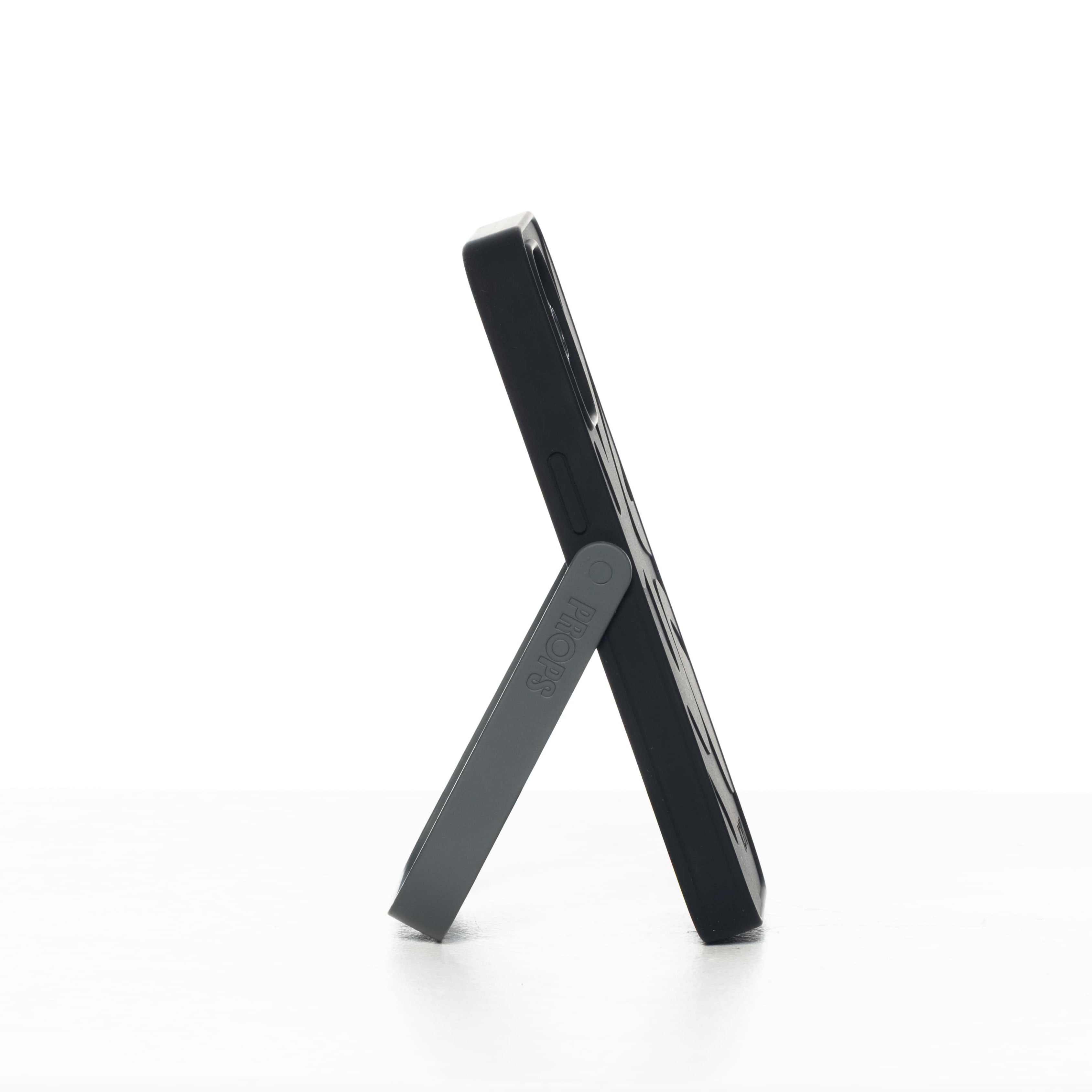 Black phone case with stand on a white background