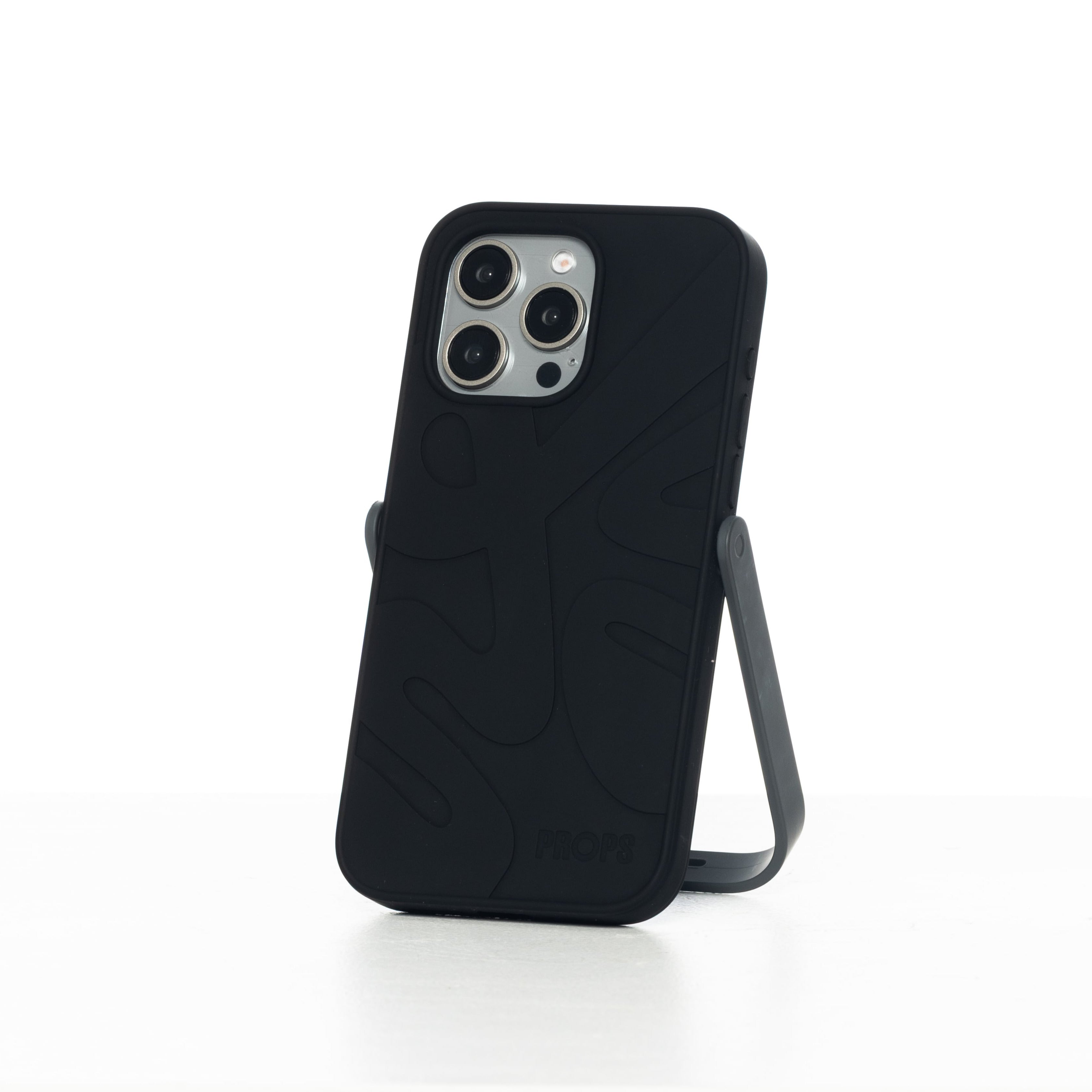 Black phone case with stand on a white background