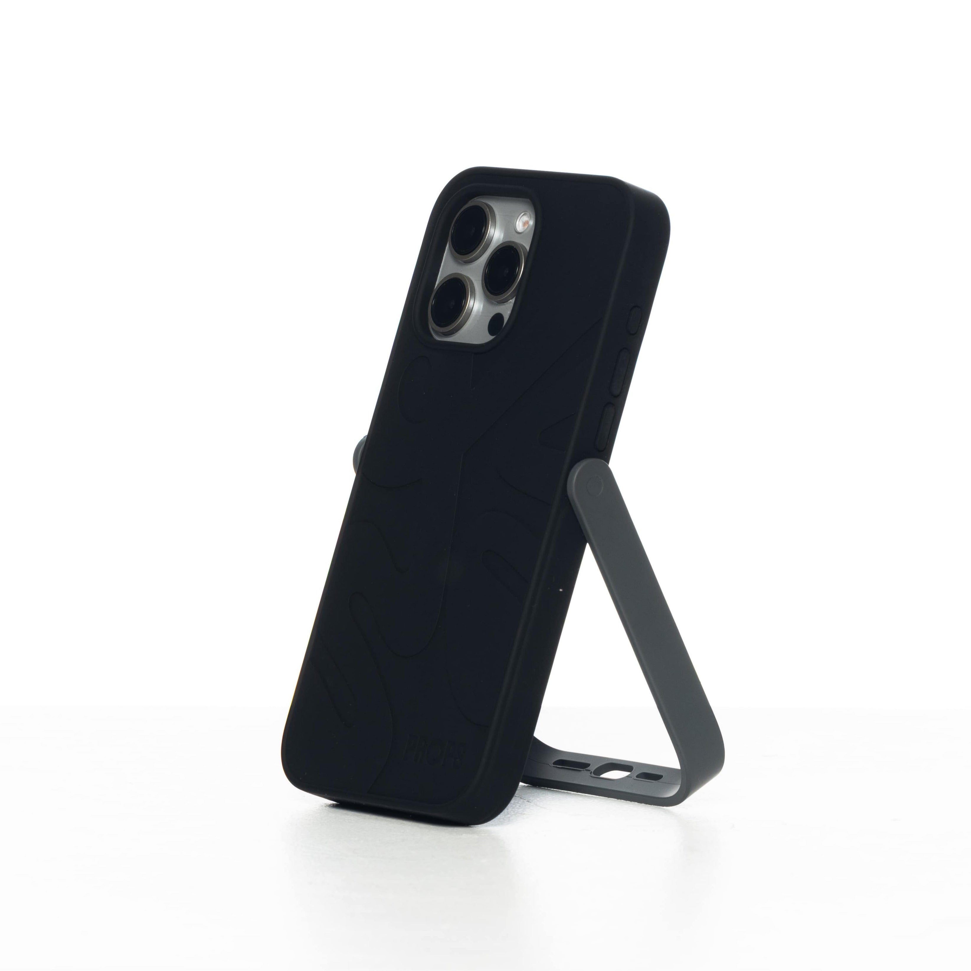 Black phone case with stand on a white background