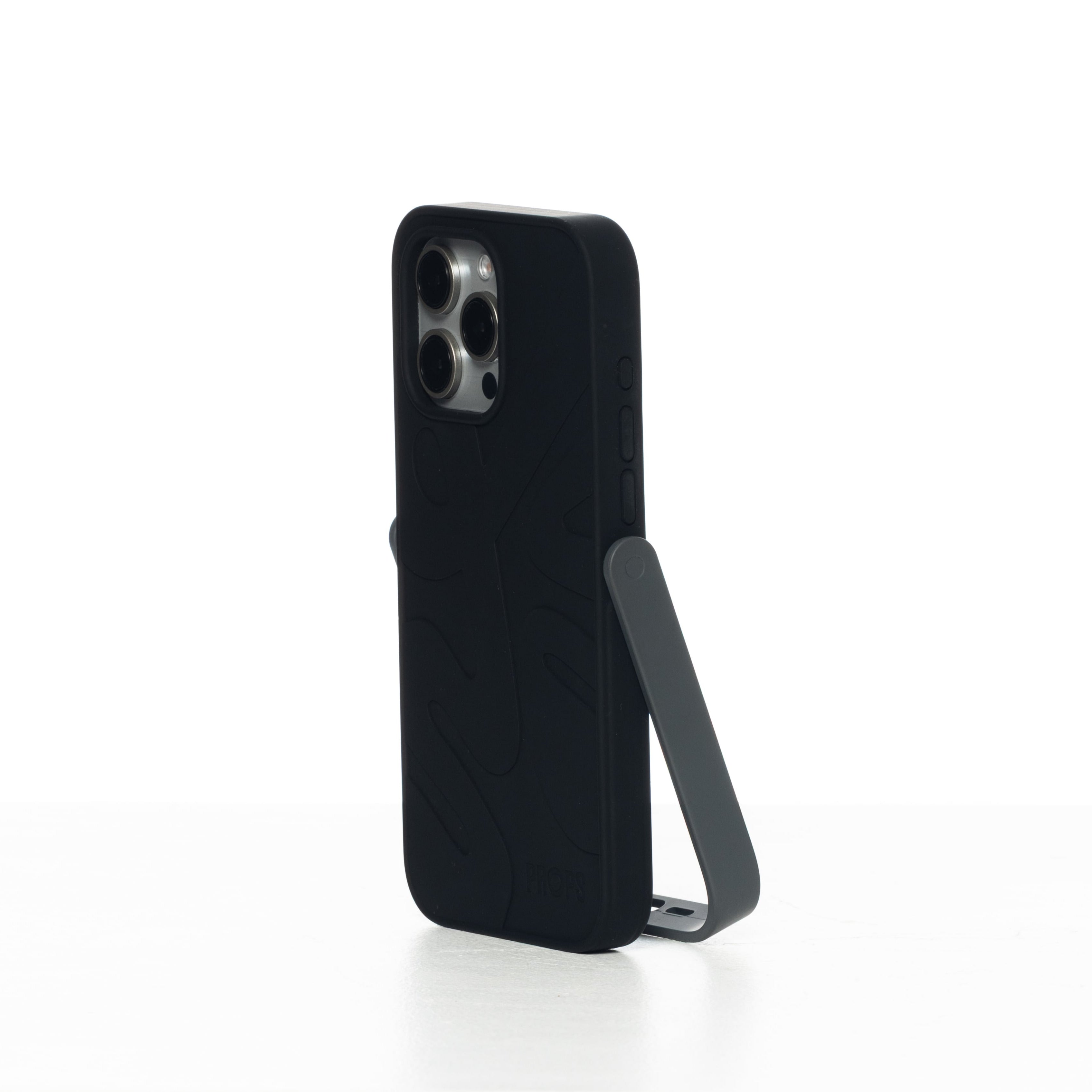 Black phone case with stand on a white background