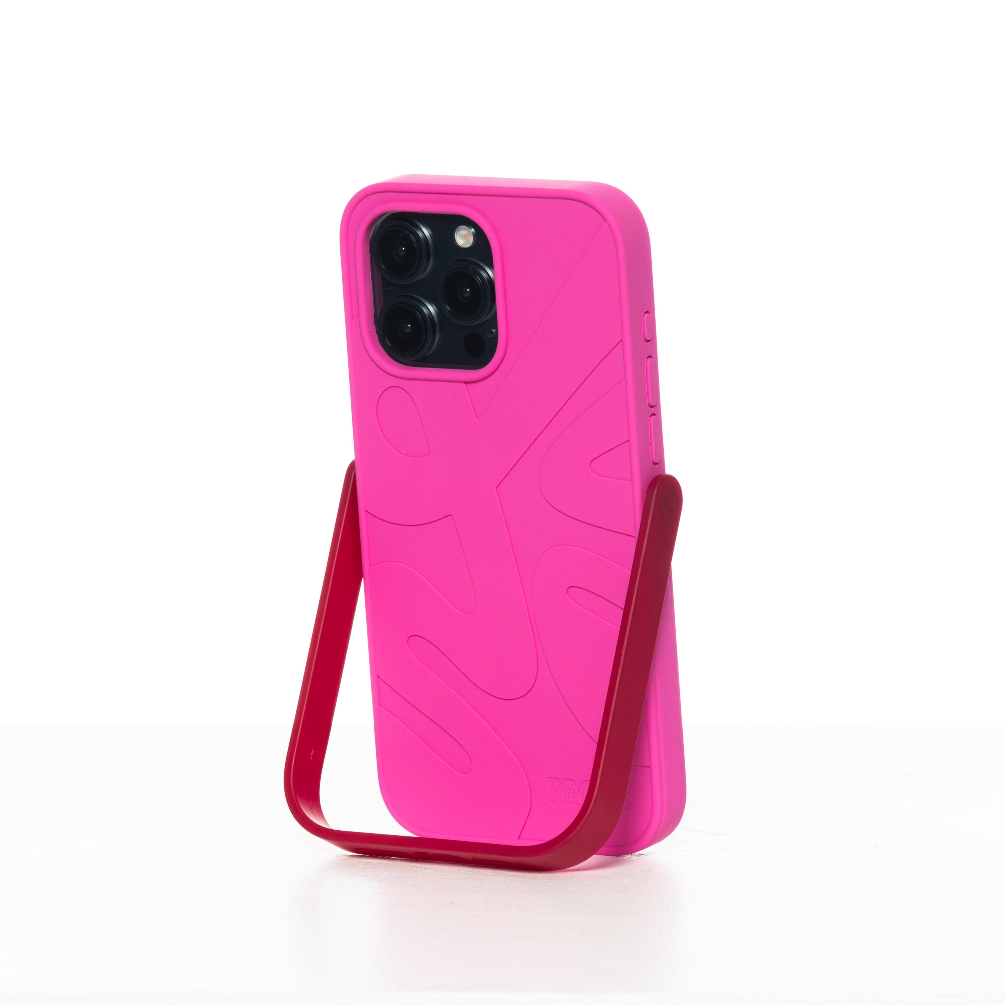 Pink phone case with stand on a white background