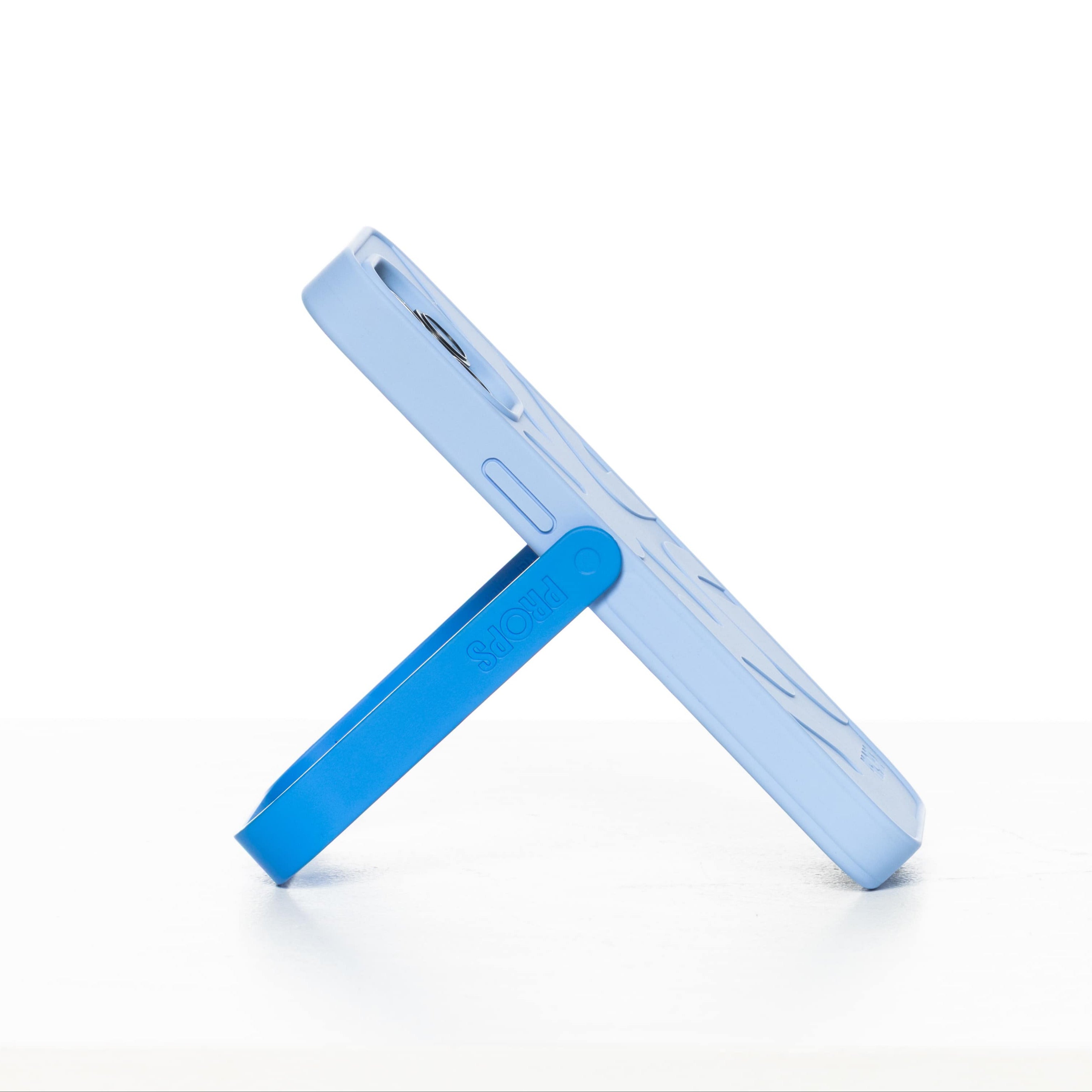 Light blue phone case with a stand on a white background