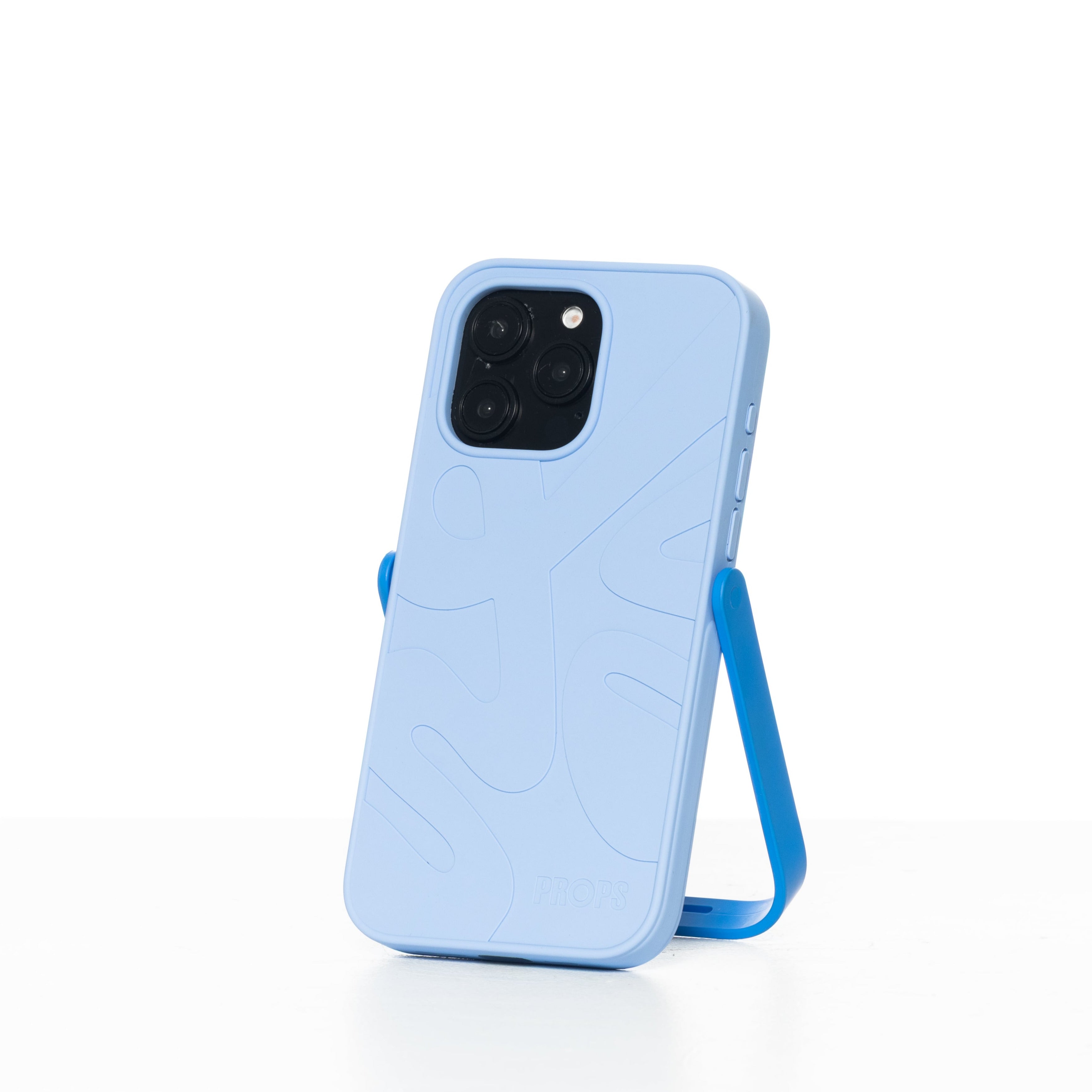Light blue phone case with a stand on a white background