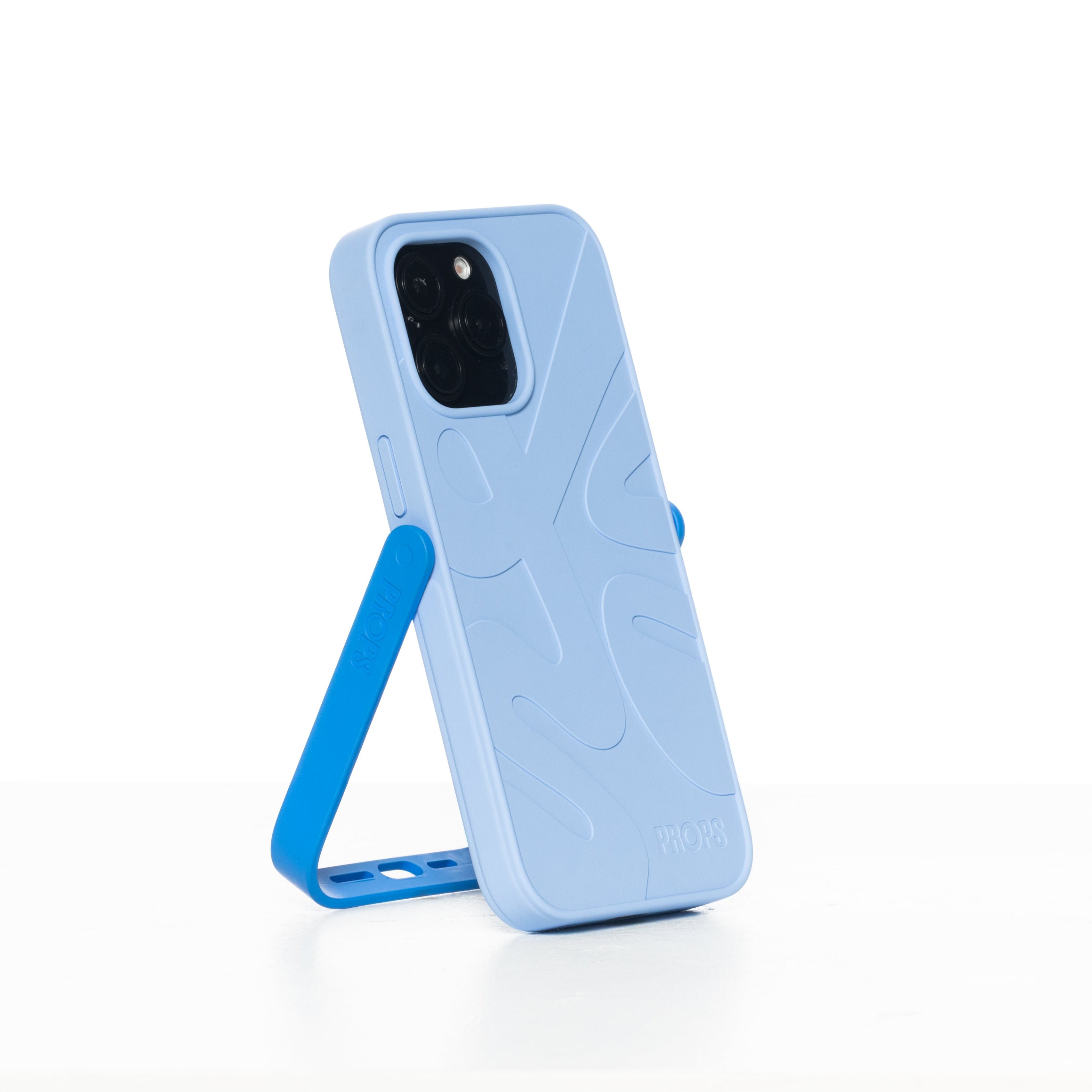 Light blue phone case with a stand on a white background