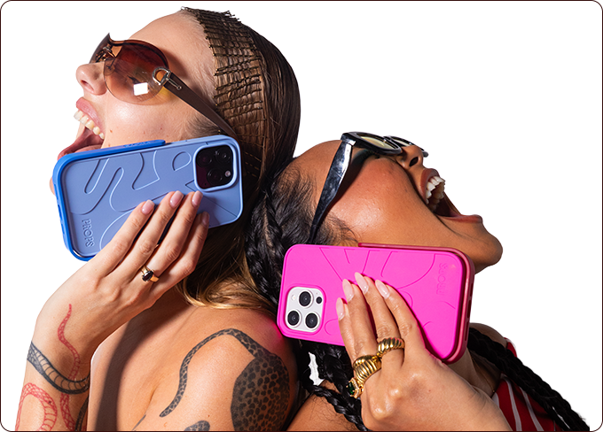 Two people shouting into PROPS phone cases.