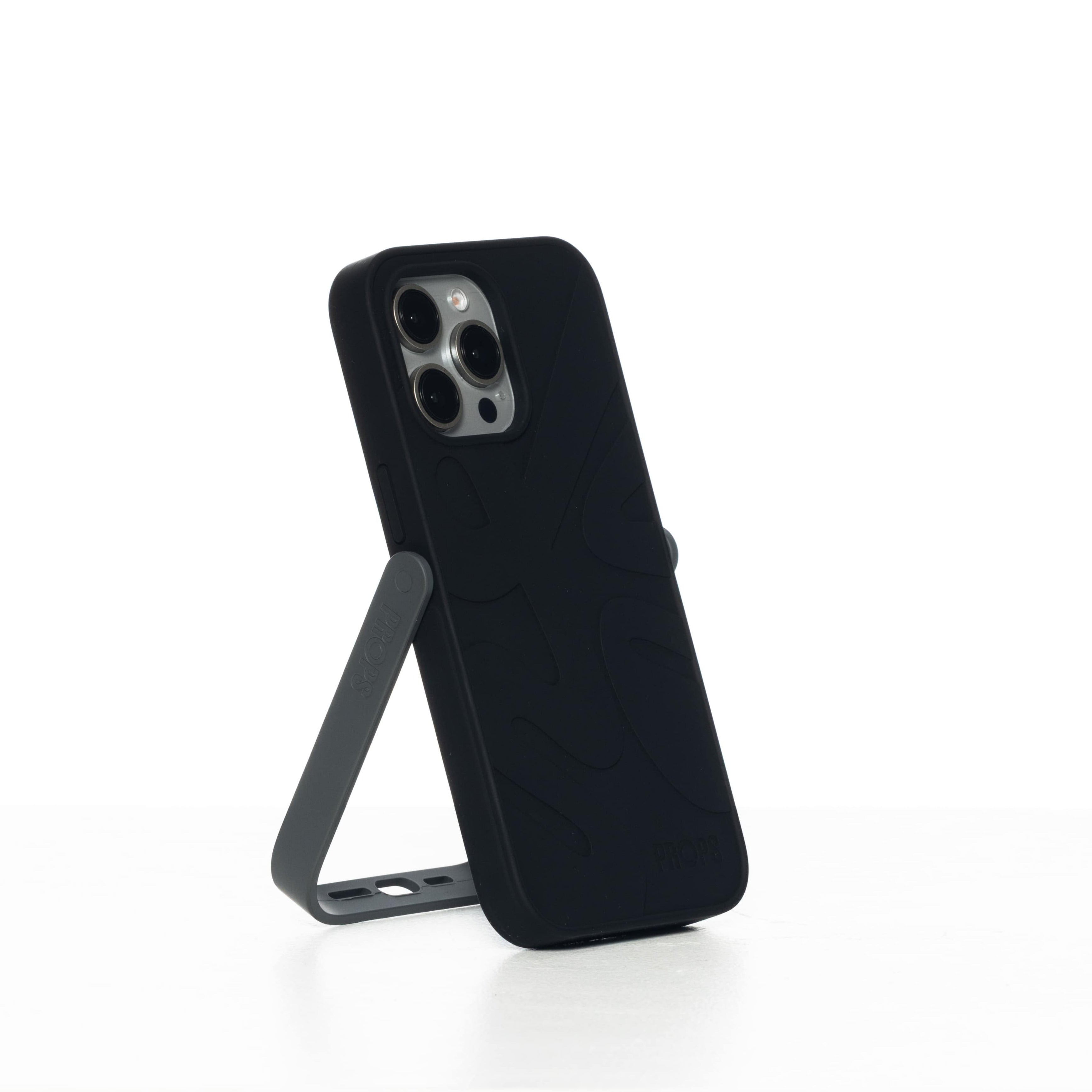 Black phone case with stand on a white background