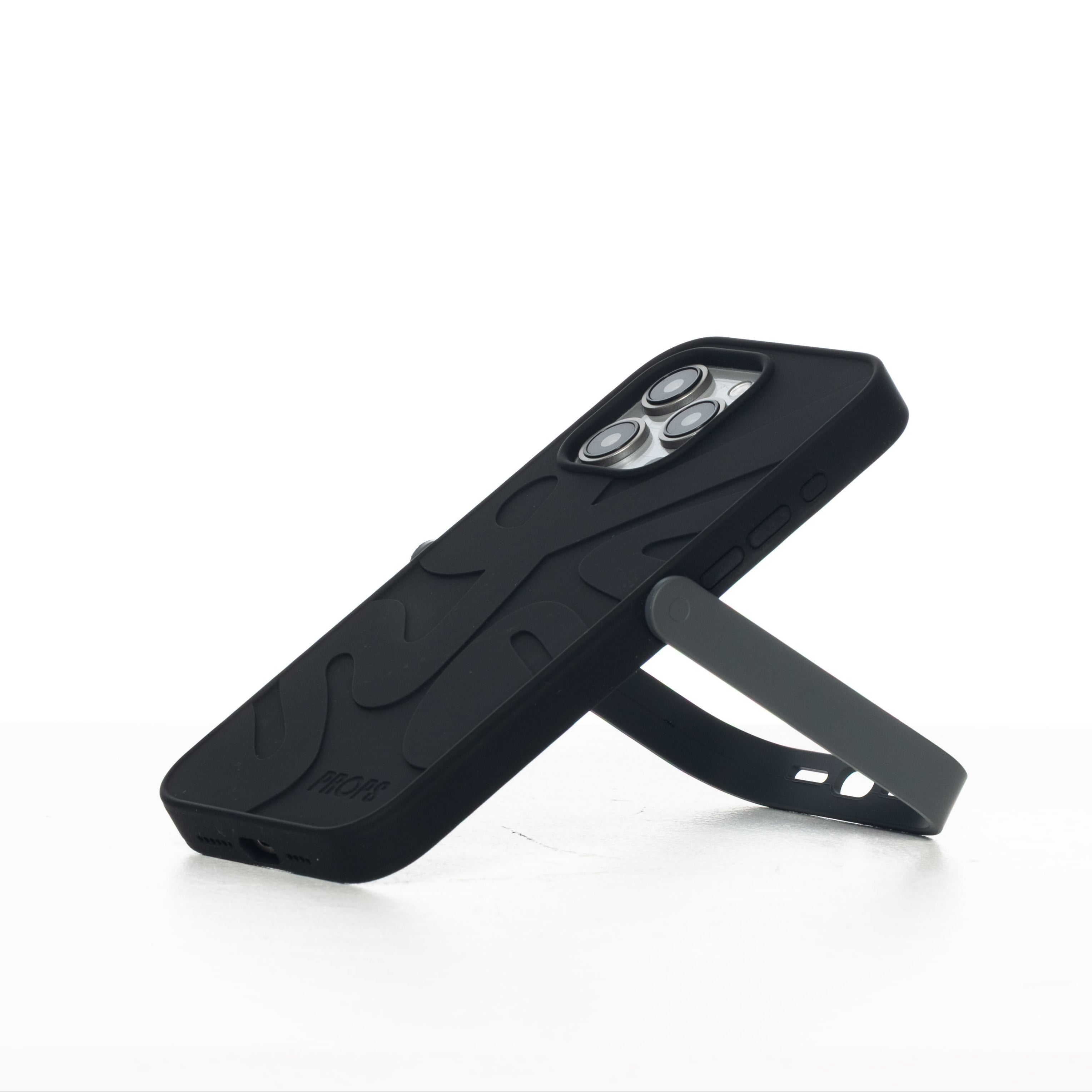 Black phone case with stand on a white background