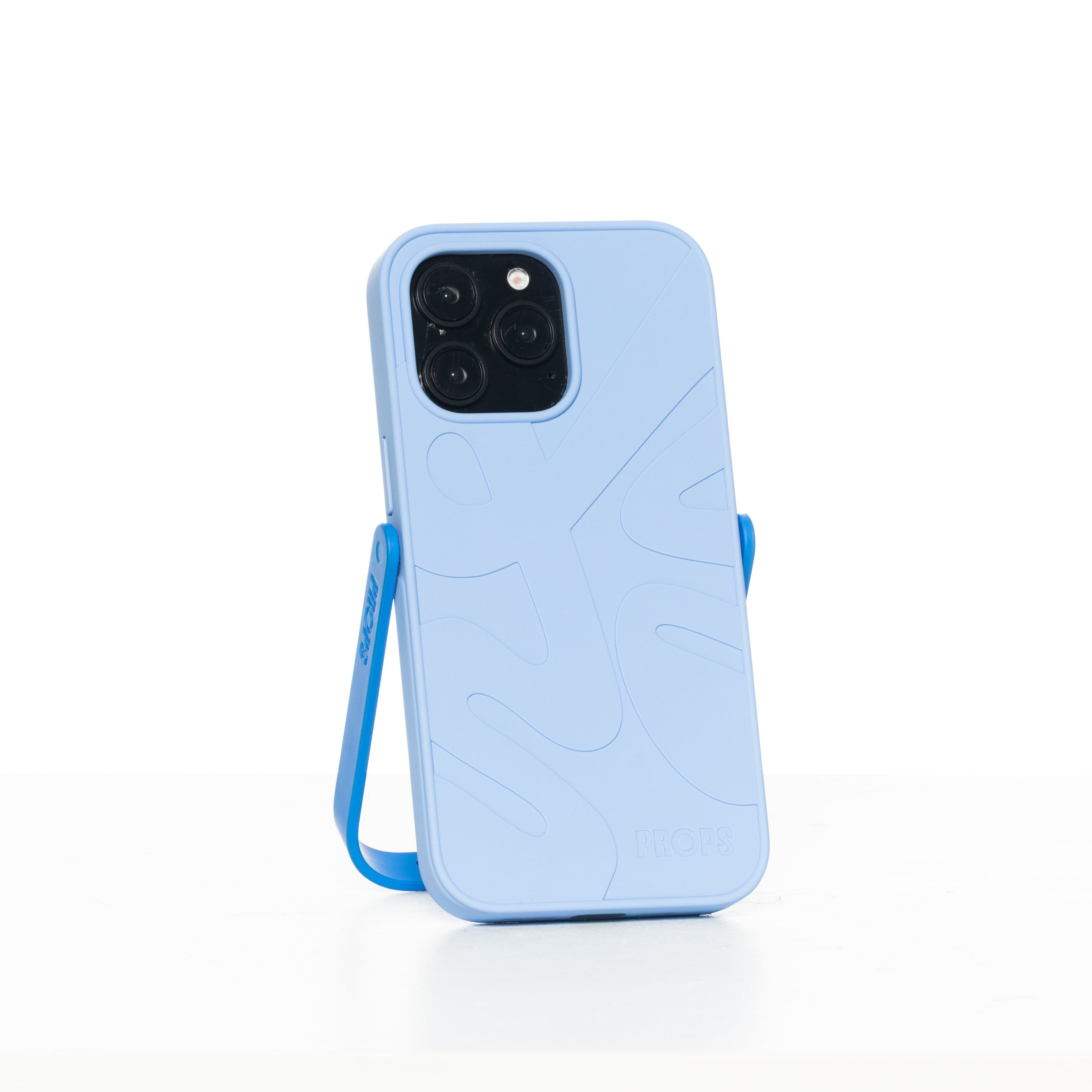 Light blue phone case with a stand on a white background